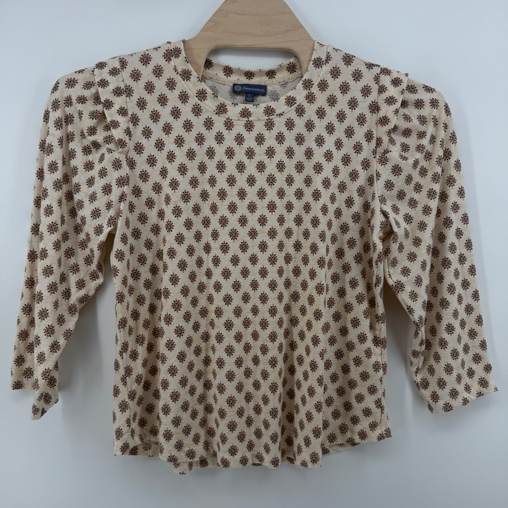 Democracy Womens Medallion Print Puff Shoulder 3/4 Sleeve Knit Top Cream L